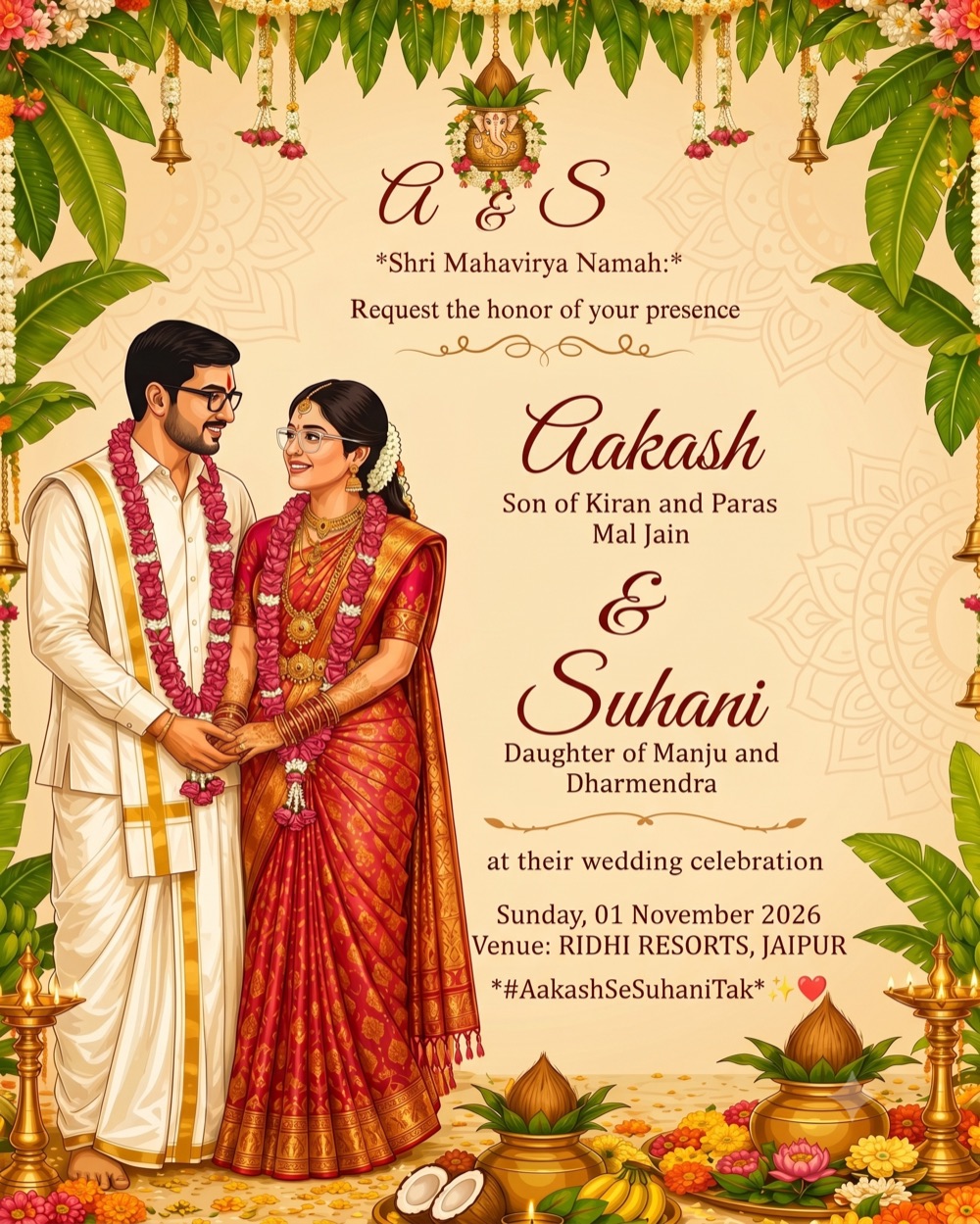 Wedding invitation of Aakash and Suhani, framed by banana leaves, marigolds and a sacred kalash